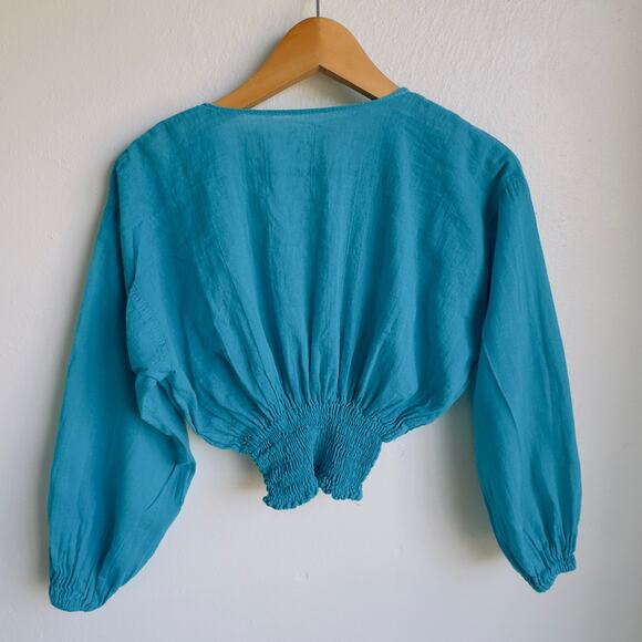 Vintage Mexican Top Turquoise Boho Hand Embroidered V-Neck Crop Smock Waist S - Picture 5 of 5